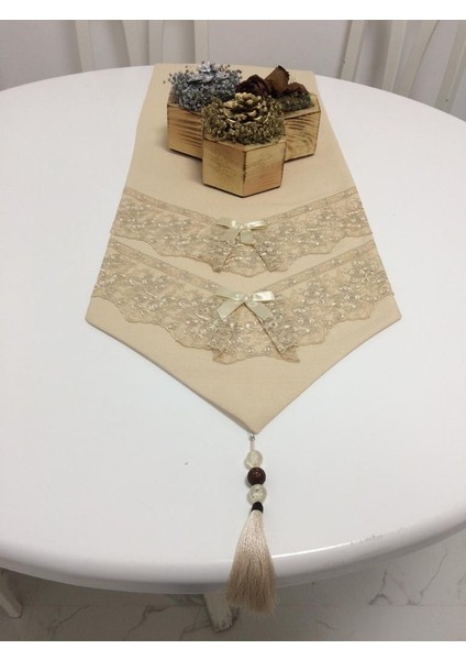 Runnerlinen Güpürlü Keten Kumaş Bej Runner 40*160 cm - 389