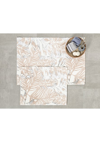 Foliage Pamuklu Floş Pamuklu Banyo Seti 60 x 90 + 50 x 60 cm Bej - Gri - Krem