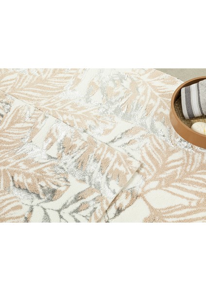 Foliage Pamuklu Floş Pamuklu Banyo Seti 60 x 90 + 50 x 60 cm Bej - Gri - Krem