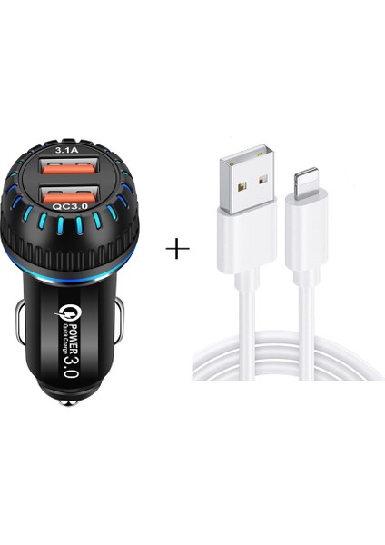 YSY-349 Qc3.0 Çift Bağlantı Noktası USB Araç Şarj + 3A USB Ila 8 Pin Veri Kablosu-Siyah (Yurt Dışından)