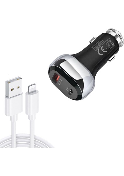 YSY-312PD Qc3.0 18W USB + Pd 20W Usb-C / Tip-C Araç Şarj USB ile 8 Pin Veri Kablosu-Siyah (Yurt Dışından)