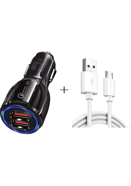 Qc3.0 Çift USB Araç Şarj + Mikro USB Hızlı Şarj Kablosu Araç Şarj Seti-Siyah (Yurt Dışından)