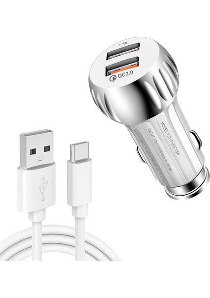 YSY-310QC18W Qc3.0 Çift Bağlantı Noktası USB Araç Şarj Cihazı + 3A USB Usb-C / Tip-C Veri Kablosu-Beyaz (Yurt Dışından)