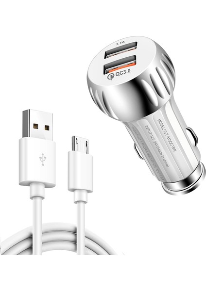 YSY-310QC18W Qc3.0 Çift Bağlantı Noktası USB Araç Şarj + 3A USB Mikro USB Veri Kablosu-Beyaz (Yurt Dışından)