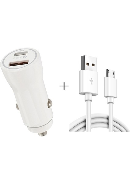 P21 Pd 20W + Qc3.0 18 W Çift Bağlantı Noktaları Hızlı Araç Şarj USB ile Micro USB Kablo Kiti-Beyaz (Yurt Dışından)