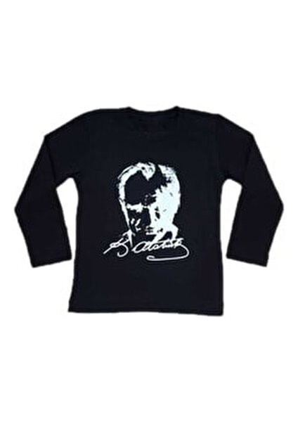 Atatürk ve Imza Baskılı Uzun Kol Siyah Tshirt