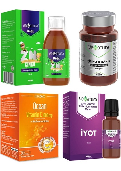 Çocuklar Için Çinko 100 Ml+ Iyot 25 ml + C Vitamini 1000 Mg 30 Tablet + Çinko&bakır 60 Kapsül