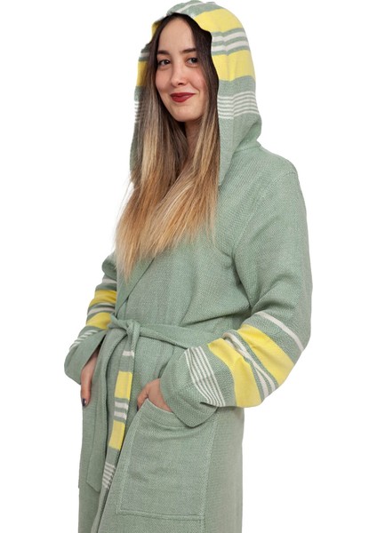 Açık Yeşil - Sarı Çizgili %100 Organik Pamuk Unisex Fitty Bornoz/Sabahlık S-M fırsatları