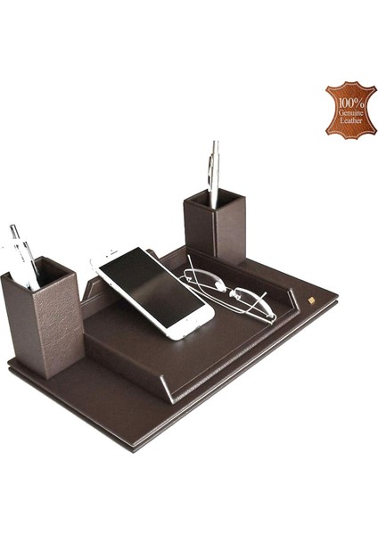362-39 Hakiki Deri Masa Üstü Telefon ve Gözlük Tutucu Koyu Kahve
