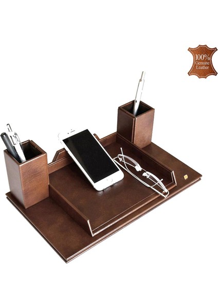 362-40 Hakiki Deri Masa Üstü Telefon ve Gözlük Tutucu Maya Kahve
