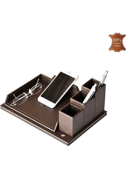 363-39 Hakiki Deri Masa Üstü Telefon ve Gözlük Tutucu Koyu Kahve