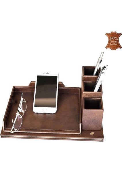 363-40 Hakiki Deri Masa Üstü Telefon ve Gözlük Tutucu Maya Kahve