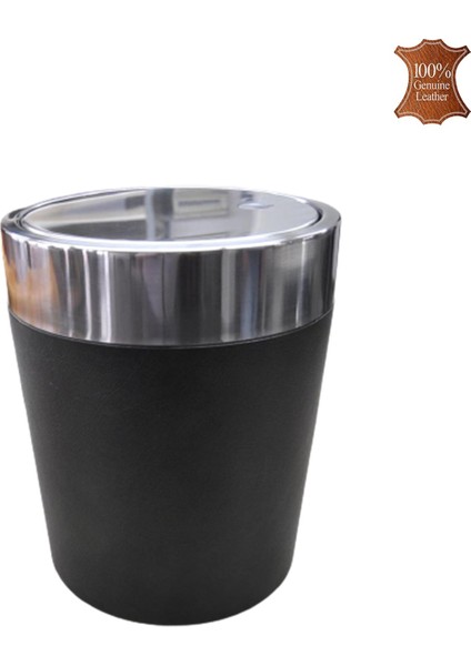 395-11 Hakiki Deri Kaplı Krom Çöp Kutusu Siyah