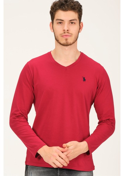 T8587 Dewberry V Yaka ErkekSweatshirt-Bordo