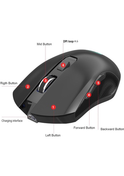 6 Tuşlu Şarjlı Sessiz 2400DPI Kablosuz Mouse