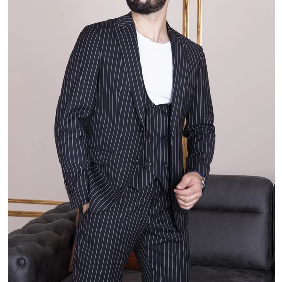 Paco Romano Erkek Slim Fit Sivri Yaka Siyah Çizgili Yelekli Takım Elbise
