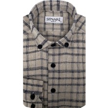 Süvari Slim Fit Desenli Flanel Uzun Bej Erkek Gömlek