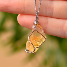 Taş Sandığı Ham Sitrin Taşı Tel Sargılı Kolye