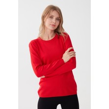 Desen Triko Kadın Likralı Uzun Kol Basic Sıfır Yaka Bluz Mercan