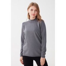 Desen Triko Kadın Likralı Uzun Kol Basic Yarım Balıkçı Bluz Gri