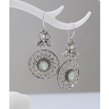 Filigran Silver 925 Ayar Gümüş Otantik El Işçiliği Telkari Doğal Aqua Kalsedon Taş Kadın Sarkaç Küpe