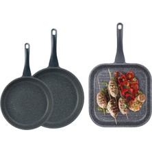 Thermoad 3'lü Düz Tava Seti Gri Granit Kaplama 20 - 24 - 28 cm Döküm Tava