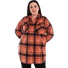 Disentis Modest Büyük Beden Göğüsten Kapaklı Cepli Eteği Oval Kesim Ekose Uzun Coral Ceket Gömlek