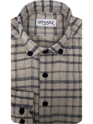 Süvari Slim Fit Desenli Flanel Uzun Bej Erkek Gömlek