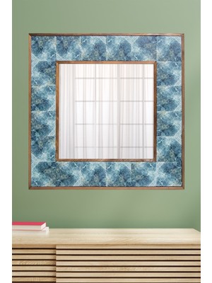 Begoloni Blue Marble Ahşap Çerçeveli Baskılı Doğal Taş Kaplı Salon Duvar Konsol Aynası Tablo 62X62 cm