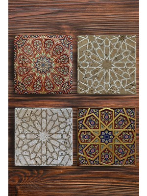 Begoloni Baskılı Doğal Taş Bardak Altlığı 4'lü Set 10X10X1 cm