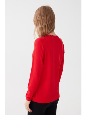 Desen Triko Kadın Likralı Uzun Kol Basic Sıfır Yaka Bluz Mercan