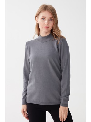 Desen Triko Kadın Likralı Uzun Kol Basic Yarım Balıkçı Bluz Gri