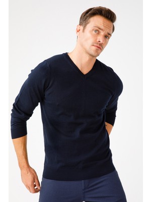 Desen Triko Erkek Basic V Yaka Ince Triko Kazak Koyu Lacivert