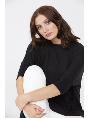 Desen Triko Kadın Eteği Geniş Dikişli Yarım Yarasa Kol Bluz Siyah