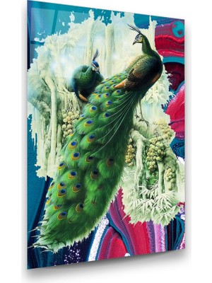 Glass Art Tavus Kuşu Manipülasyon Dikey Cam Tablo