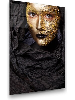 Glass Art Kadın ve Altın Yüz Manipülasyon Dikey Cam Tablo