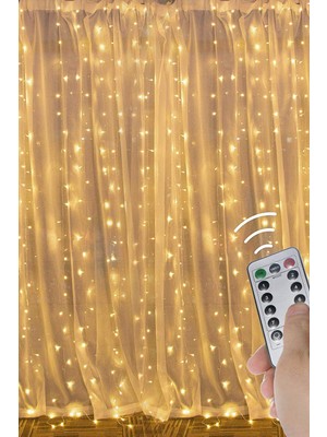 Odin Gift Store Kumandalı LED Perde Işık Sarı 3x2 Metre Sekiz Fonksiyonlu Fişli 256 Ledli