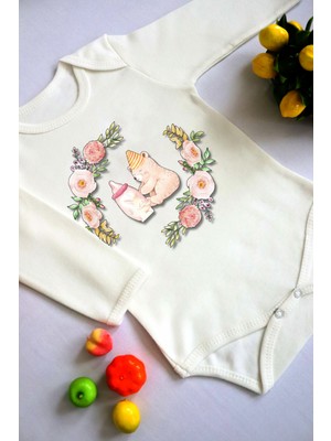 Tılsım Store Unisex Bebek Ayıcık ve Süt Baskılı Body Zıbın