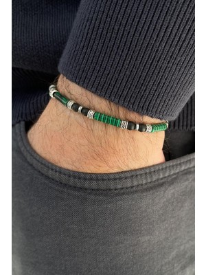 Frnch Doğal Taşlı Siyah-Yeşil Renkli Ayarlanabilir Makrome Erkek Bileklik FRJ11338-1438-SY