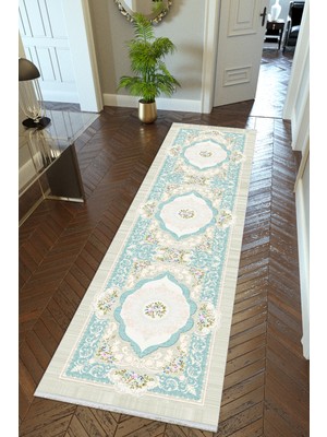 10 Post Online Yolluk Mavi Beyaz Turkuaz Kaymaz Kesme Yıkanabilir Ince Dijital Baskı Koridor Halısı