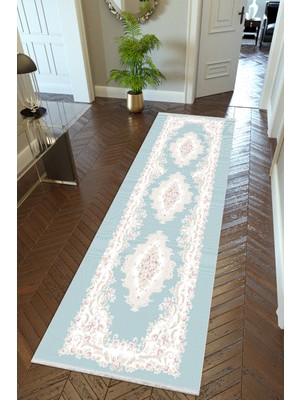 10 Post Online Yolluk Mavi Beyaz Kaymaz Kesme Yıkanabilir Ince Dijital Baskı Koridor Halısı