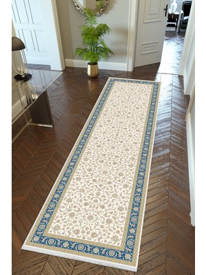 10 Post Online Yolluk Salon Halısı Ekru Mavi Kaymaz Kesme Yıkanabilir Ince Dijital Baskı Koridor Halısı