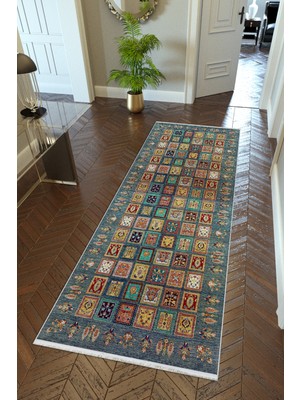 10 Post Online Yolluk Kilim Desenli Otantik Lacivert Kaymaz Kesme Yıkanabilir Ince Dijital Baskı Koridor Halısı