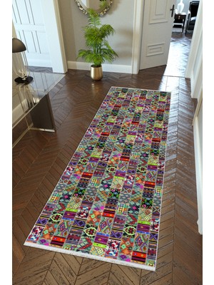 10 Post Online Yolluk Kilim Desenli Otantik Yeşil Kaymaz Kesme Yıkanabilir Ince Dijital Baskı Koridor Halısı