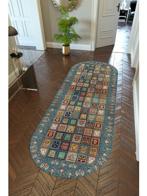 10 Post Online Yolluk Kilim Desenli Otantik Lacivert Kaymaz Kesme Yıkanabilir Ince Dijital Baskı Koridor Halısı