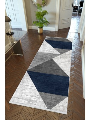 10 Post Online Yolluk Gri Indigo Lacivert Kaymaz Kesme Yıkanabilir Ince Dijital Baskı Koridor Halısı