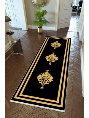 10 Post Online Yolluk Klasik Bej Siyah Gold Kaymaz Kesme Yıkanabilir Ince Dijital Baskı Koridor Halısı