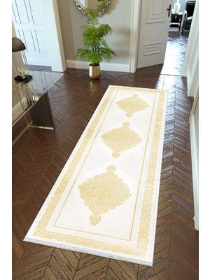 10 Post Online Yolluk Gold Tema Altın Krem Sarı Kaymaz Kesme Yıkanabilir Ince Dijital Baskı Koridor Halısı