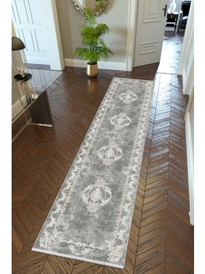 10 Post Online Yolluk Klasik Gümüş Gri Kaymaz Kesme Yıkanabilir Ince Dijital Baskı Koridor Halısı