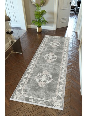 10 Post Online Yolluk Klasik Gümüş Gri Kaymaz Kesme Yıkanabilir Ince Dijital Baskı Koridor Halısı